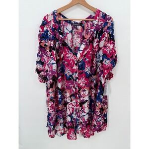 Romans Womens Button Up V Neck Floral Short Sleeve Top Size 28W Art To Wear NWT
